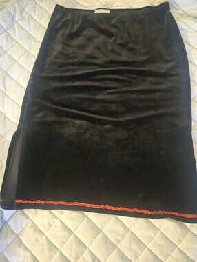 Elegant Vintage Black Velvet Pencil Skirt with Red Sequin Trim